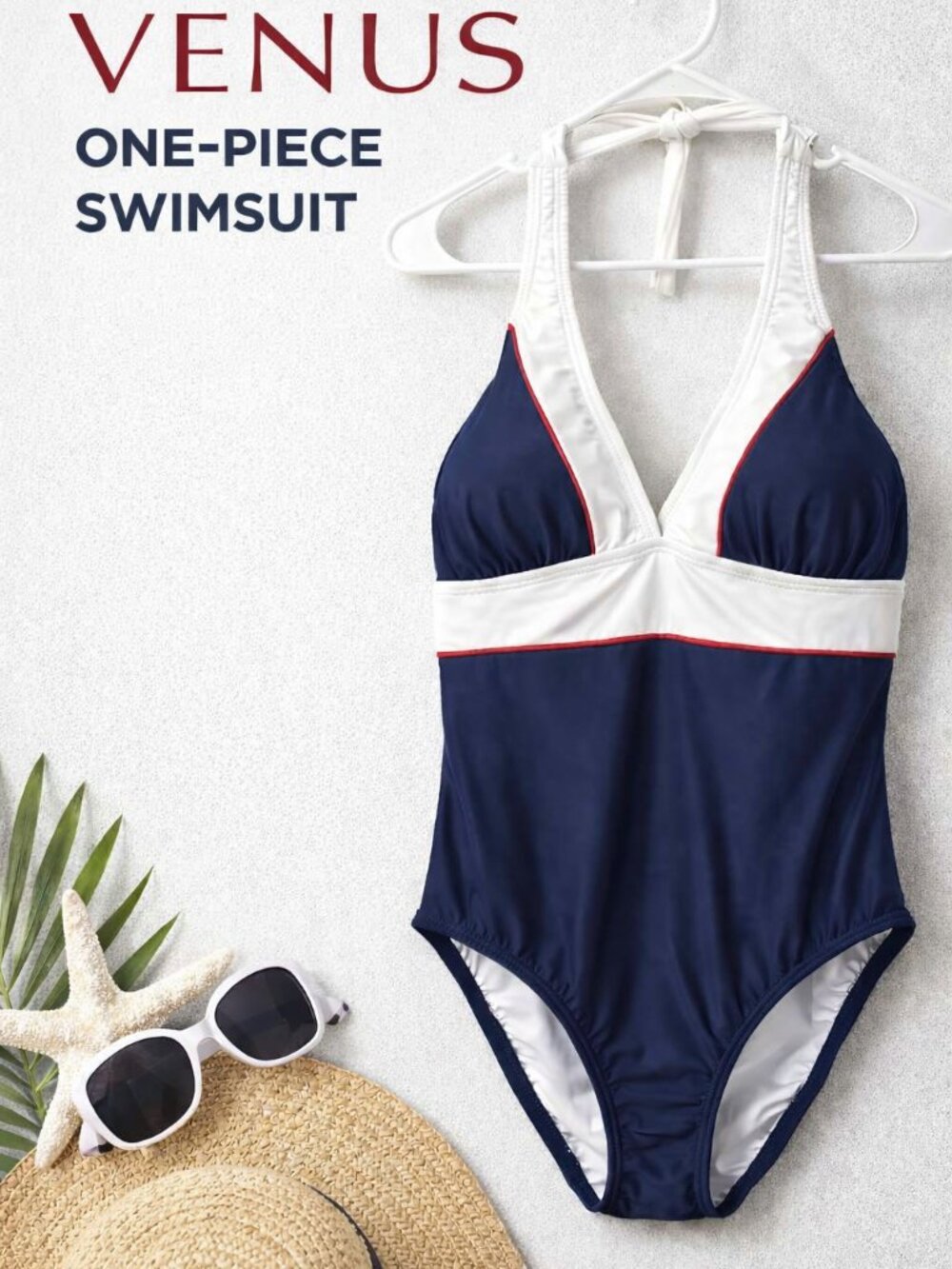 Venus One Piece Swimsuit – Navy & White w/ Red Piping, NWOT, Size 6